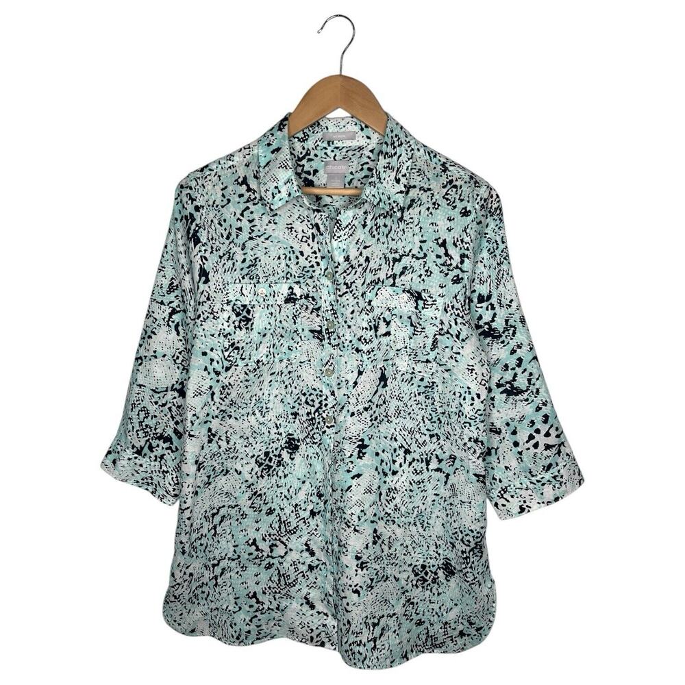 Chicos Top Womens 8 Linen Non Iron Button Up Geometric 3/4 Sleeve Blouse Green